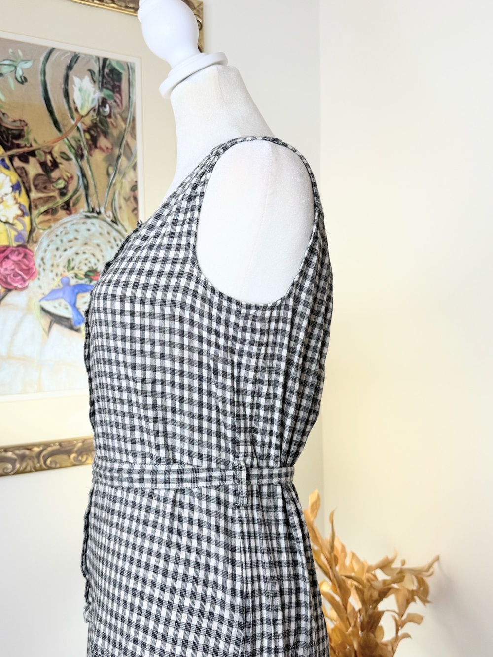 Max Studio Gingham Tiered Midi Dress XS Gray White Sleeveless Belted Cottagecore - Picture 6 of 10